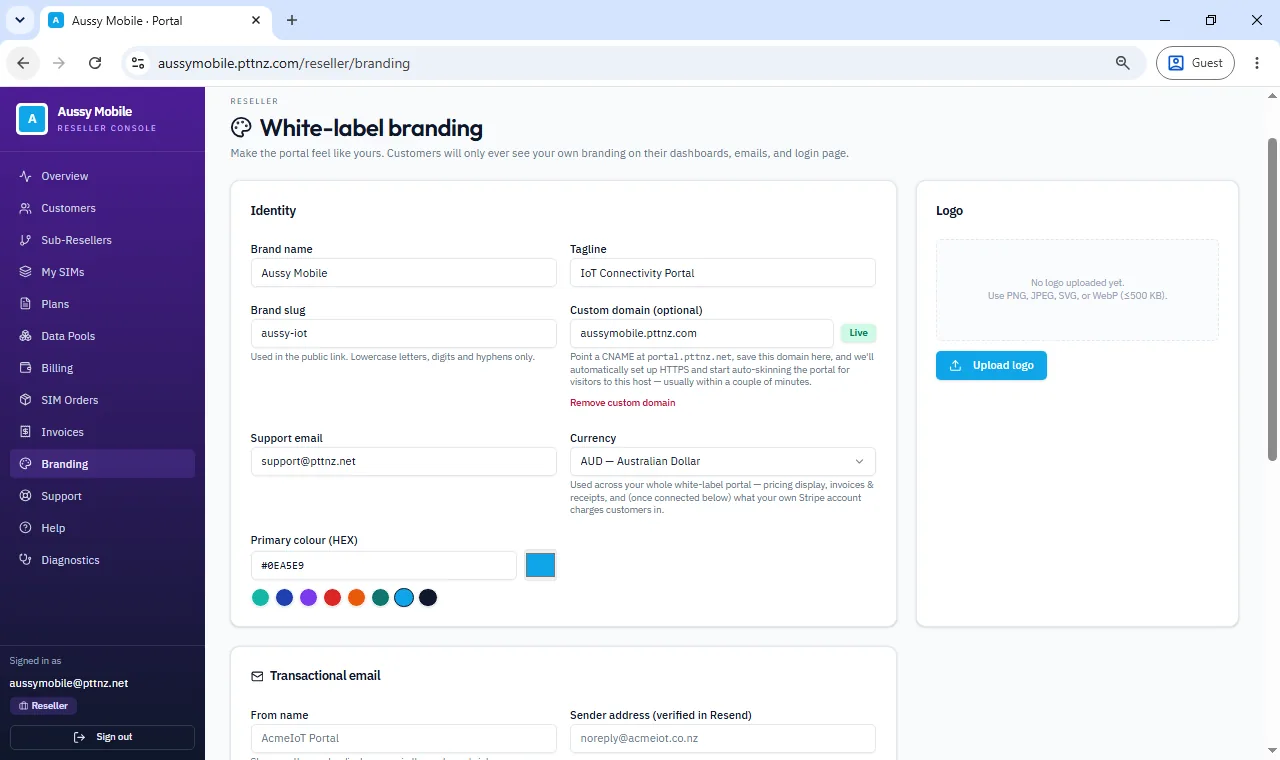 White-label branding settings inside the PTT NZ reseller console — custom domain, logo, colours and transactional email